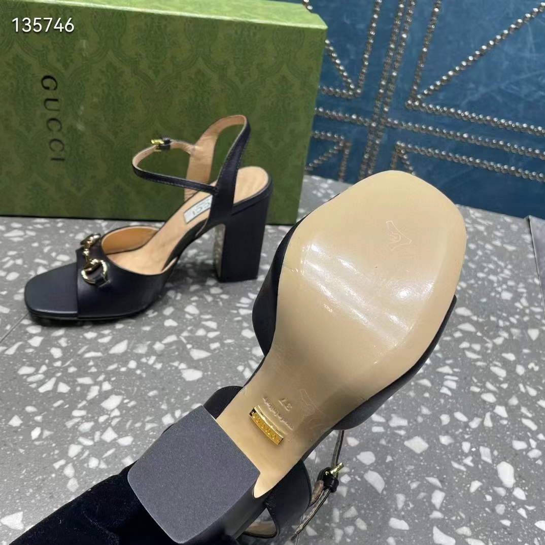 G*u*i women gg horsebit mid-heel sandal black leather sole ankle buckle closure