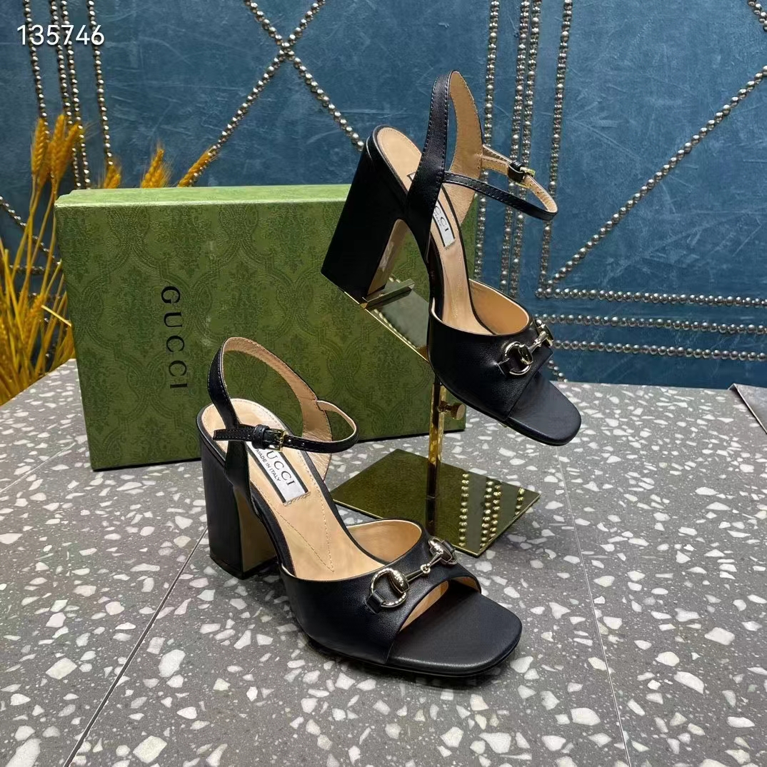 G*u*i women gg horsebit mid-heel sandal black leather sole ankle buckle closure