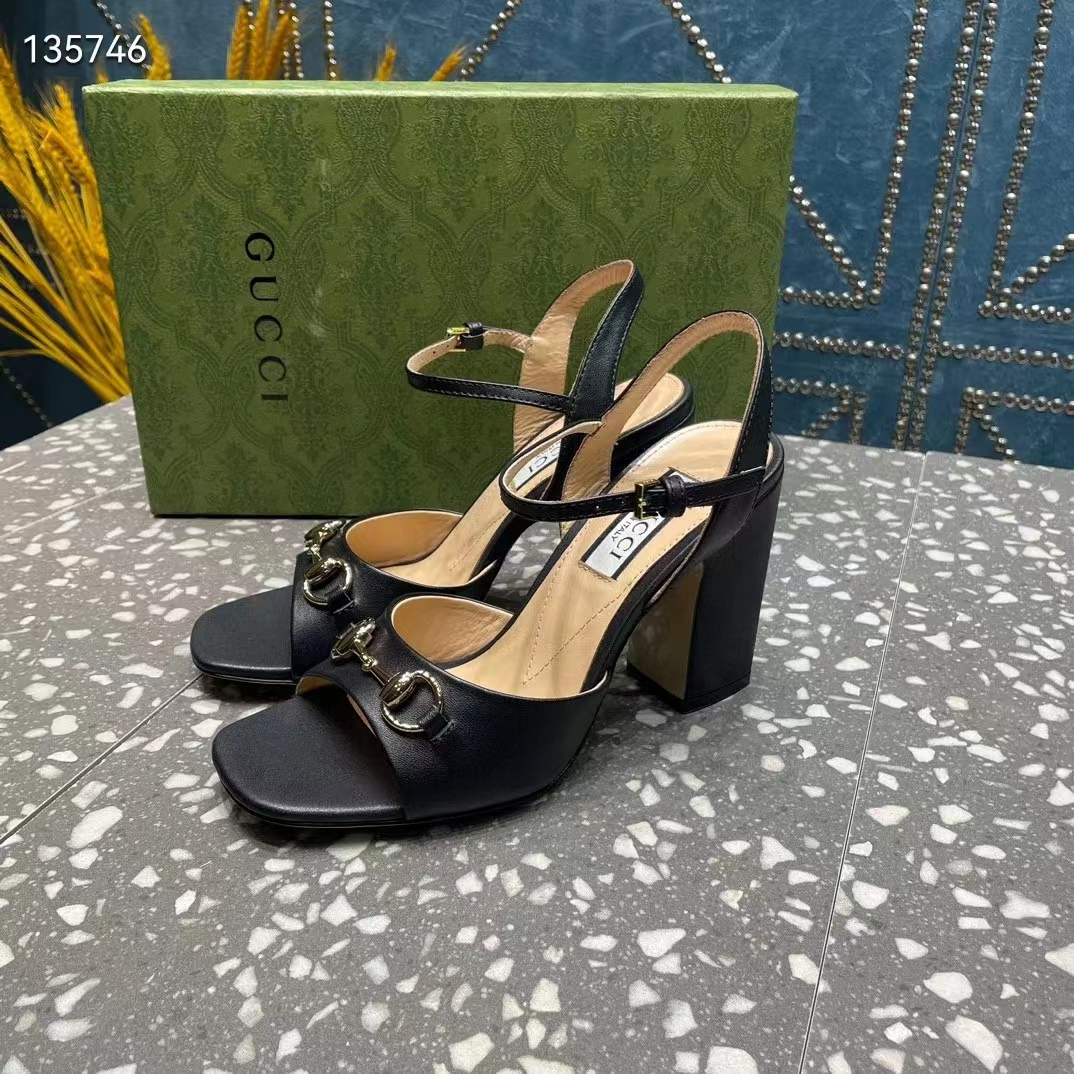 G*u*i women gg horsebit mid-heel sandal black leather sole ankle buckle closure