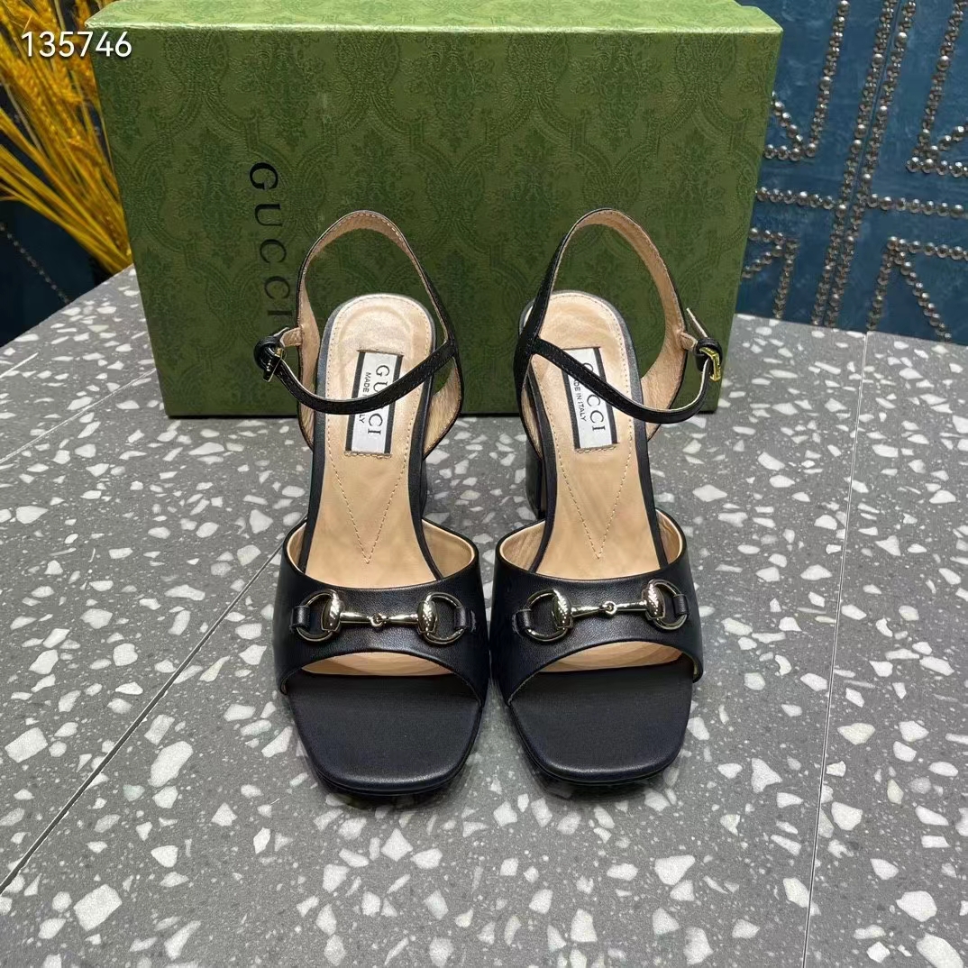 G*u*i women gg horsebit mid-heel sandal black leather sole ankle buckle closure