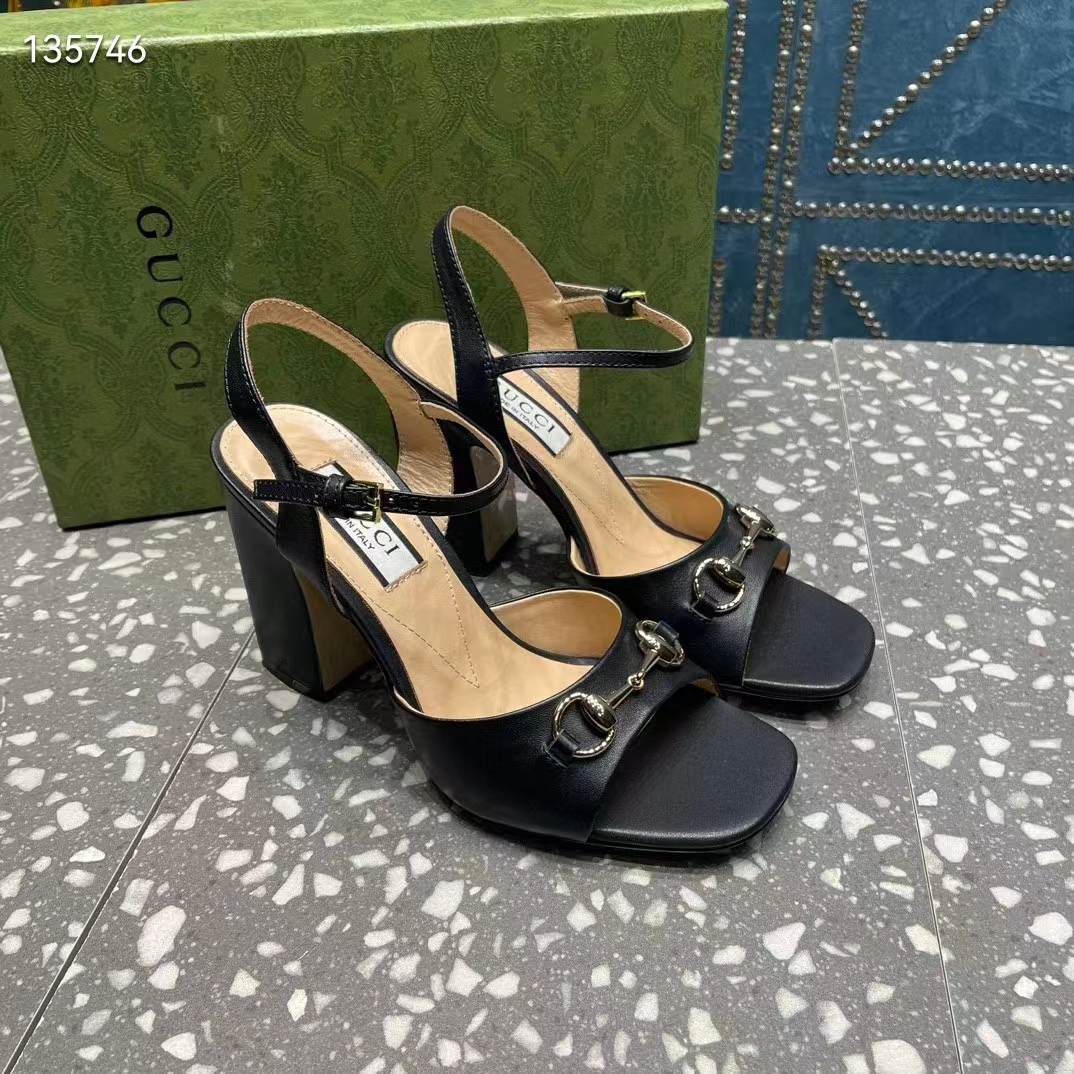 G*u*i women gg horsebit mid-heel sandal black leather sole ankle buckle closure