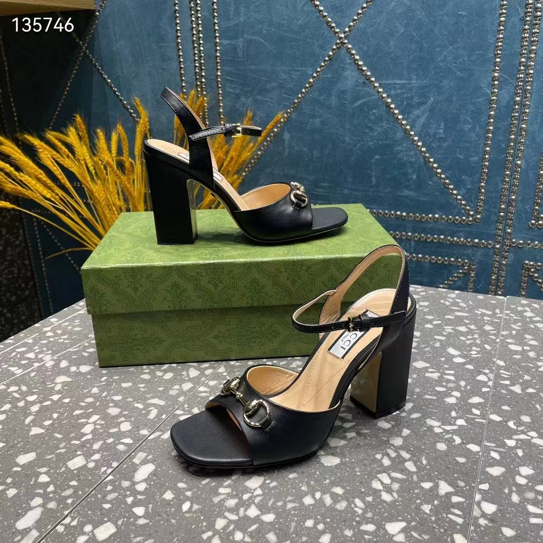 G*u*i women gg horsebit mid-heel sandal black leather sole ankle buckle closure