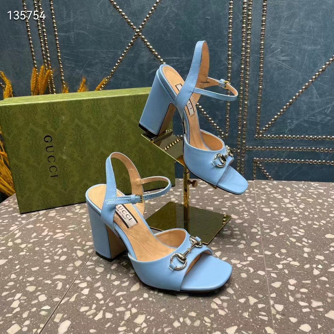 G*u*i women gg horsebit mid-heel sandal blue leather sole ankle buckle closure