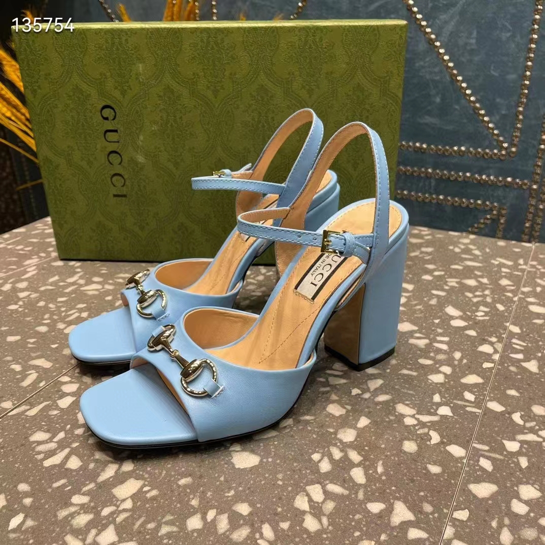 G*u*i women gg horsebit mid-heel sandal blue leather sole ankle buckle closure