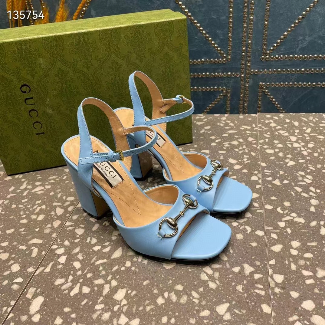 G*u*i women gg horsebit mid-heel sandal blue leather sole ankle buckle closure
