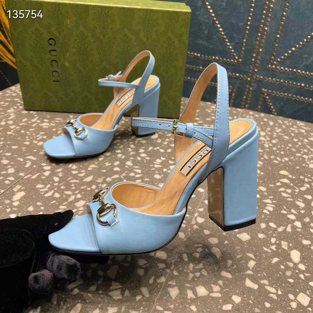 G*u*i women gg horsebit mid-heel sandal blue leather sole ankle buckle closure