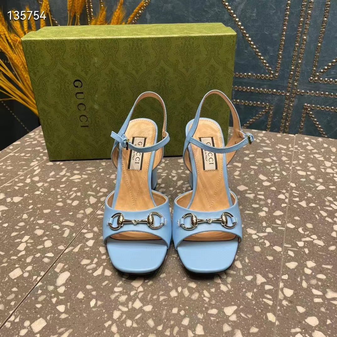 G*u*i women gg horsebit mid-heel sandal blue leather sole ankle buckle closure