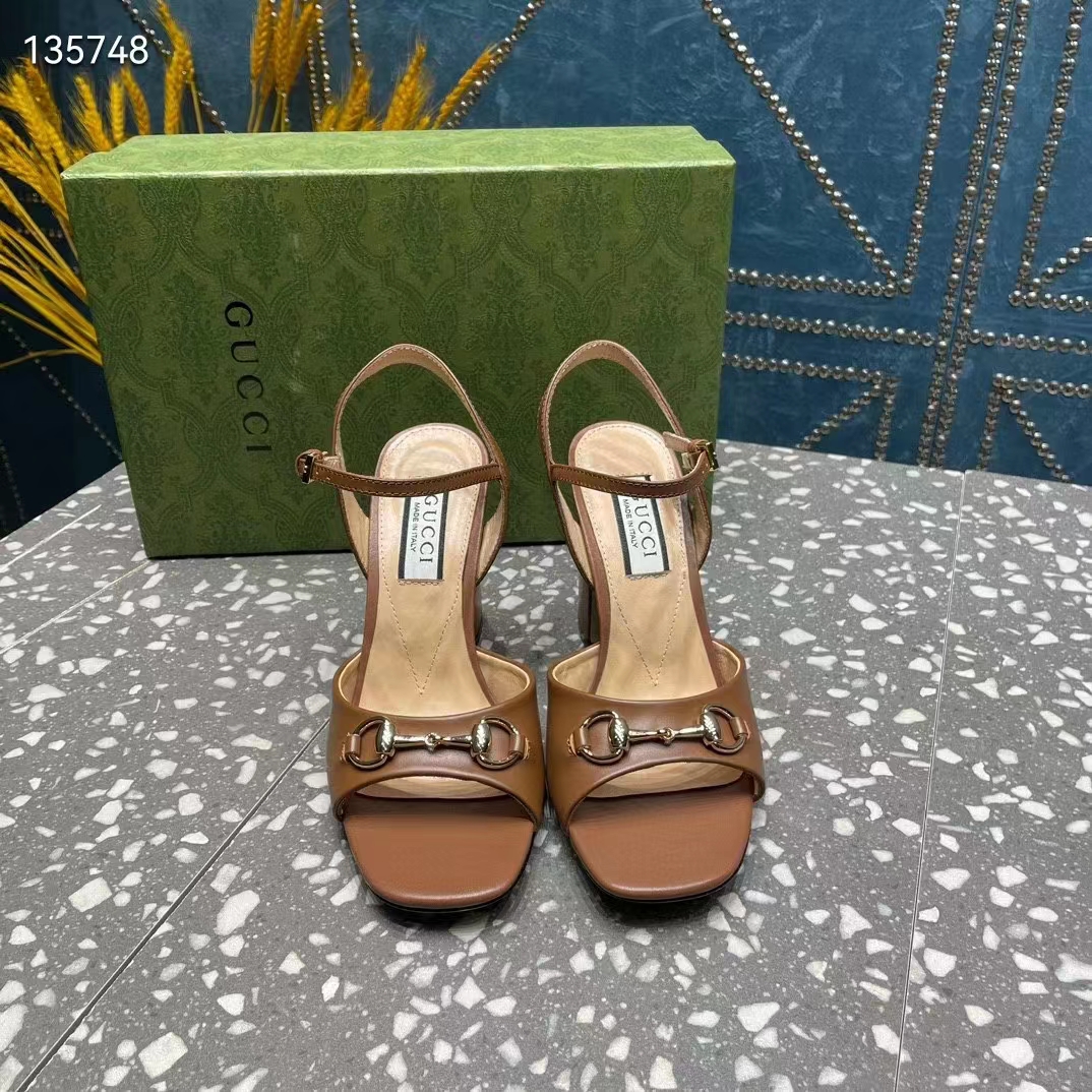 G*u*i women gg horsebit mid-heel sandal brown leather sole ankle buckle closure