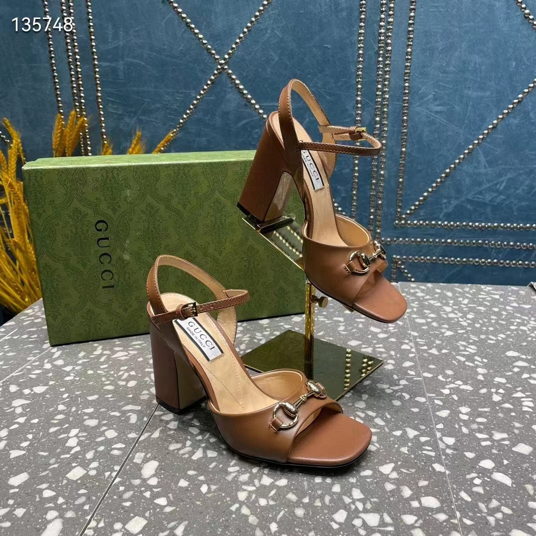 G*u*i women gg horsebit mid-heel sandal brown leather sole ankle buckle closure