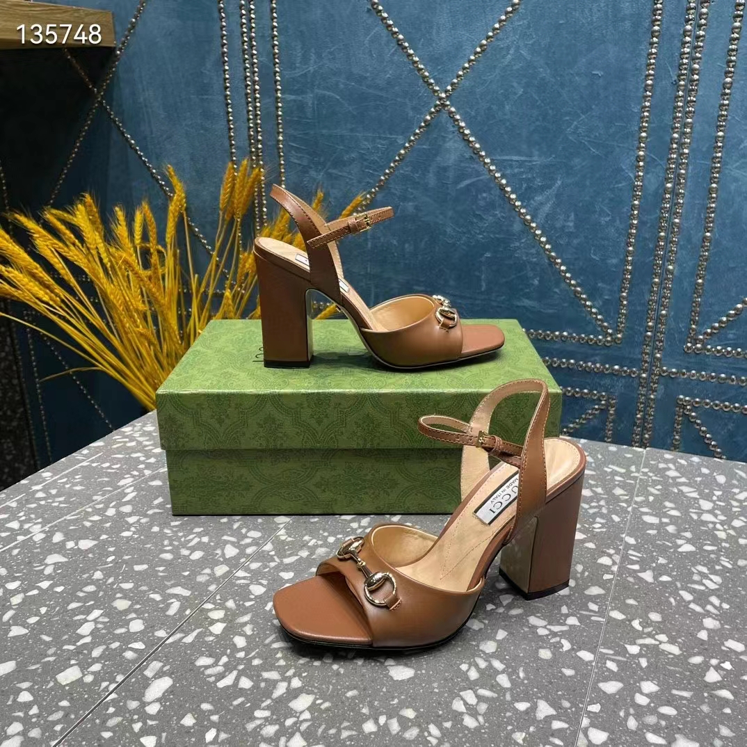 G*u*i women gg horsebit mid-heel sandal brown leather sole ankle buckle closure