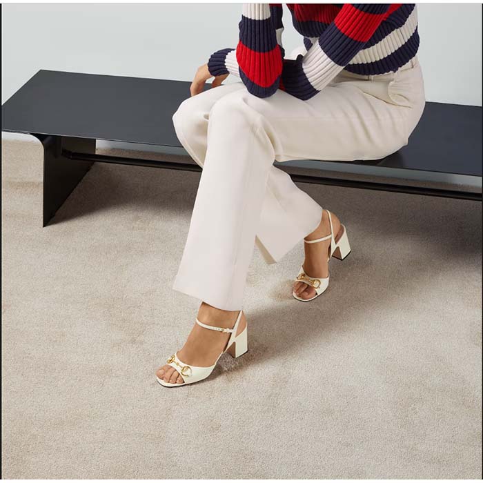 G*u*i women gg horsebit mid-heel sandal white leather sole ankle buckle closure