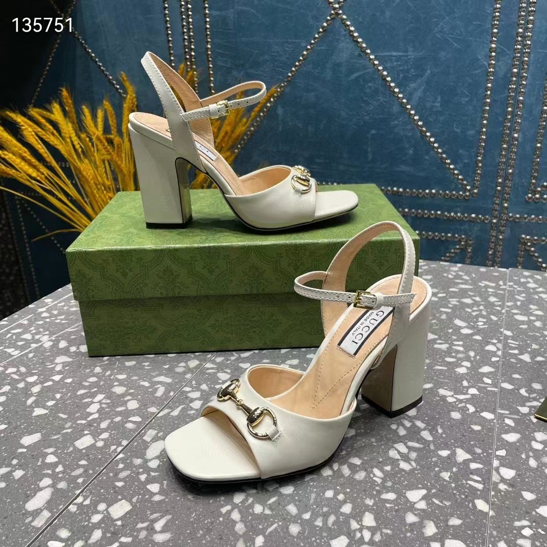 G*u*i women gg horsebit mid-heel sandal white leather sole ankle buckle closure