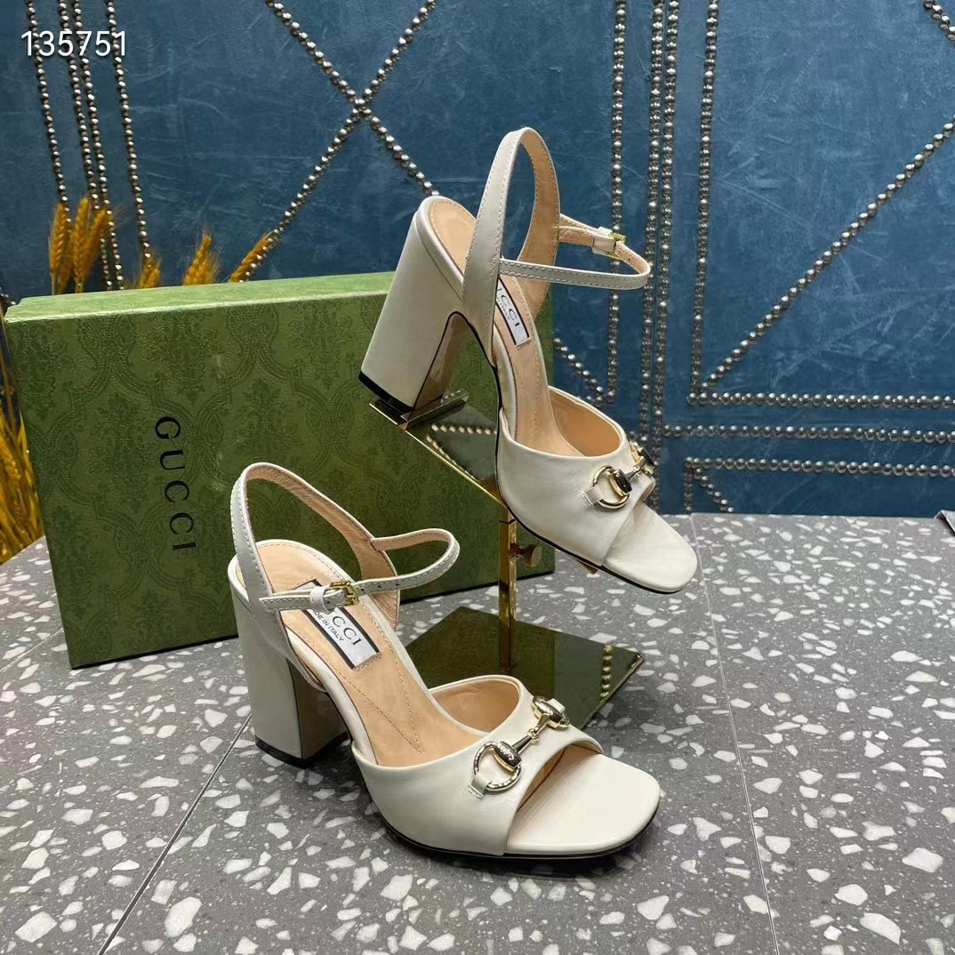 G*u*i women gg horsebit mid-heel sandal white leather sole ankle buckle closure
