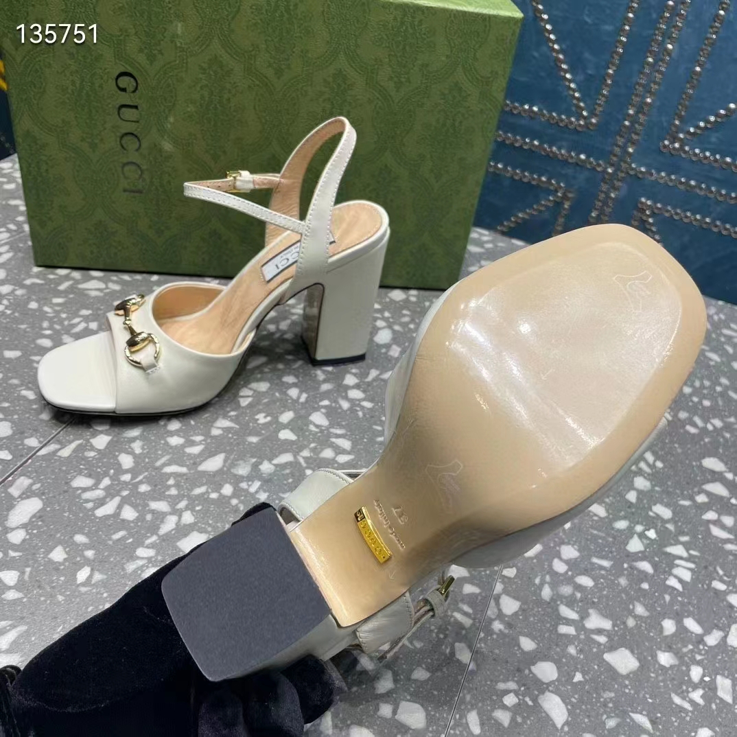 G*u*i women gg horsebit mid-heel sandal white leather sole ankle buckle closure