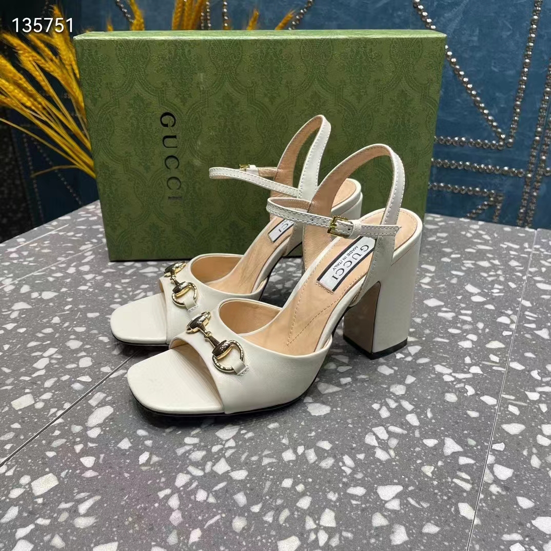 G*u*i women gg horsebit mid-heel sandal white leather sole ankle buckle closure