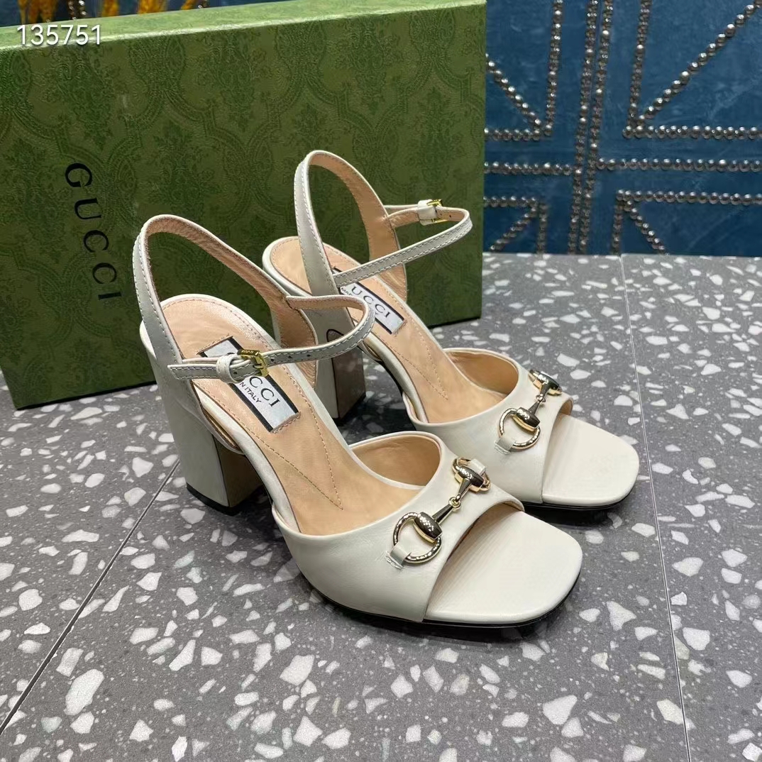 G*u*i women gg horsebit mid-heel sandal white leather sole ankle buckle closure