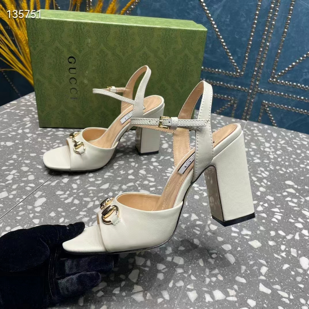 G*u*i women gg horsebit mid-heel sandal white leather sole ankle buckle closure
