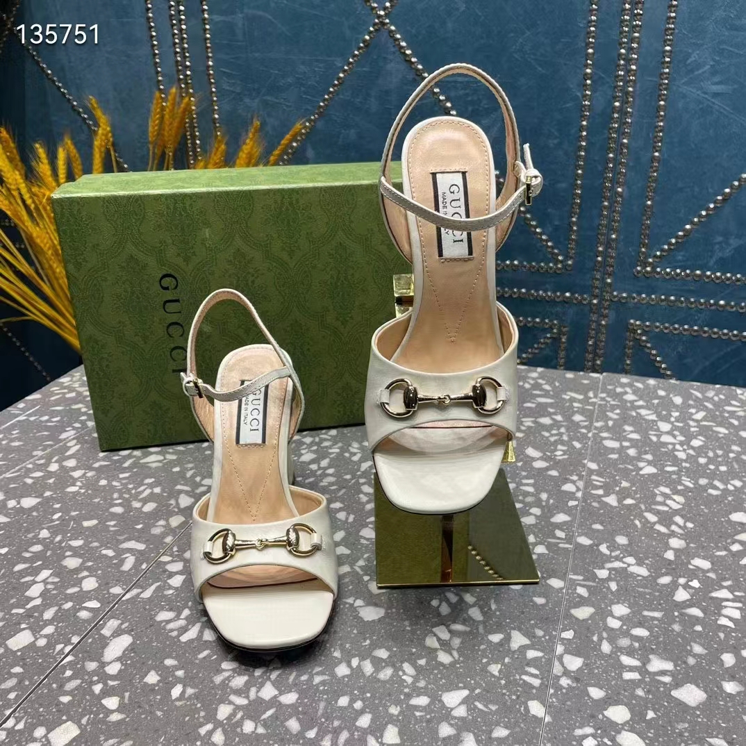 G*u*i women gg horsebit mid-heel sandal white leather sole ankle buckle closure