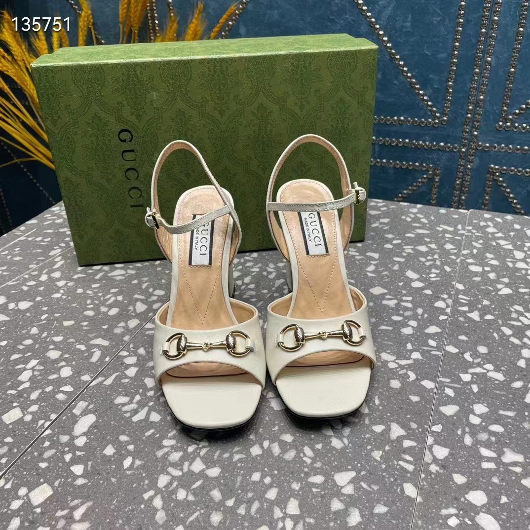G*u*i women gg horsebit mid-heel sandal white leather sole ankle buckle closure