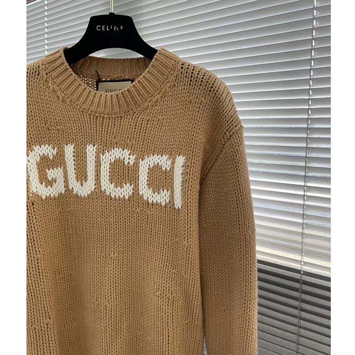 G*u*i women gg knit wool sweater G*u*i intarsia camel ivory crewneck long sleeves