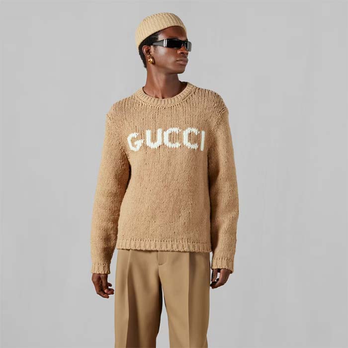 G*u*i men gg knit wool sweater G*u*i intarsia camel ivory crewneck long sleeves