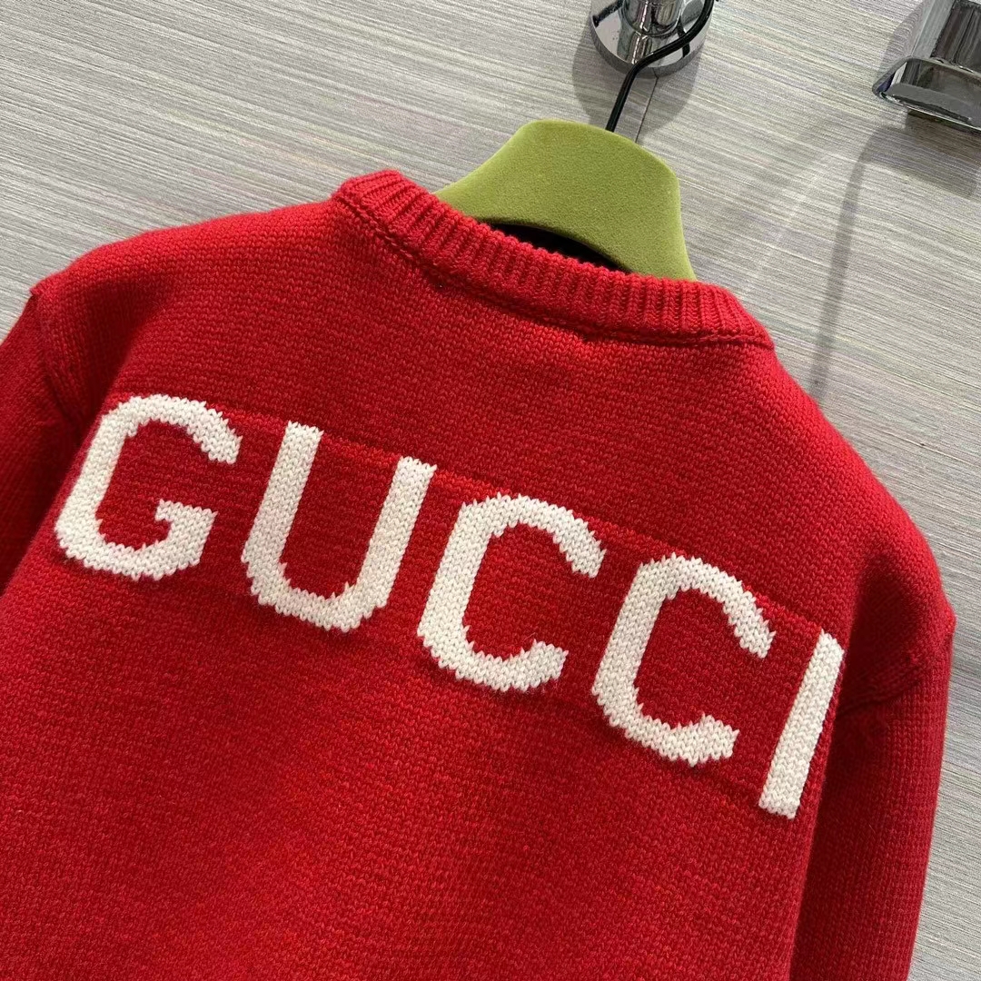 G*u*i men gg red wool top G*u*i intarsia crewneck dropped shoulder long sleeves