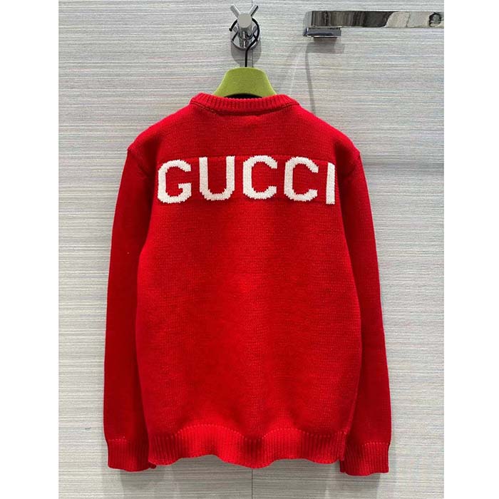 G*u*i men gg red wool top G*u*i intarsia crewneck dropped shoulder long sleeves