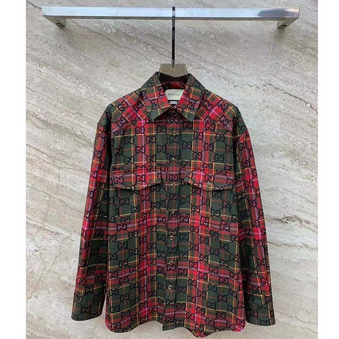 G*u*i women gg tartan wool shirt green red gg point collar long sleeves button cuffs