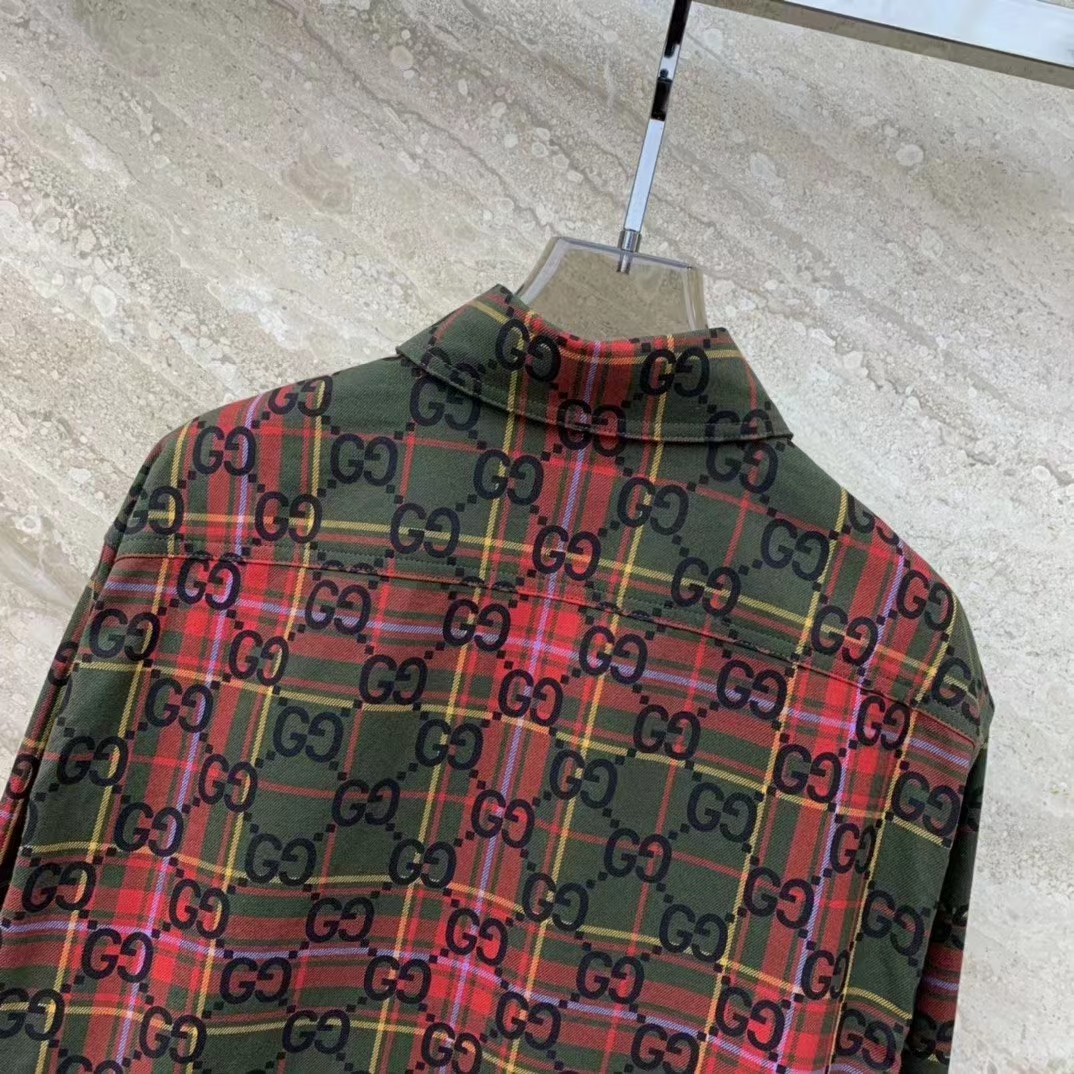 G*u*i women gg tartan wool shirt green red gg point collar long sleeves button cuffs