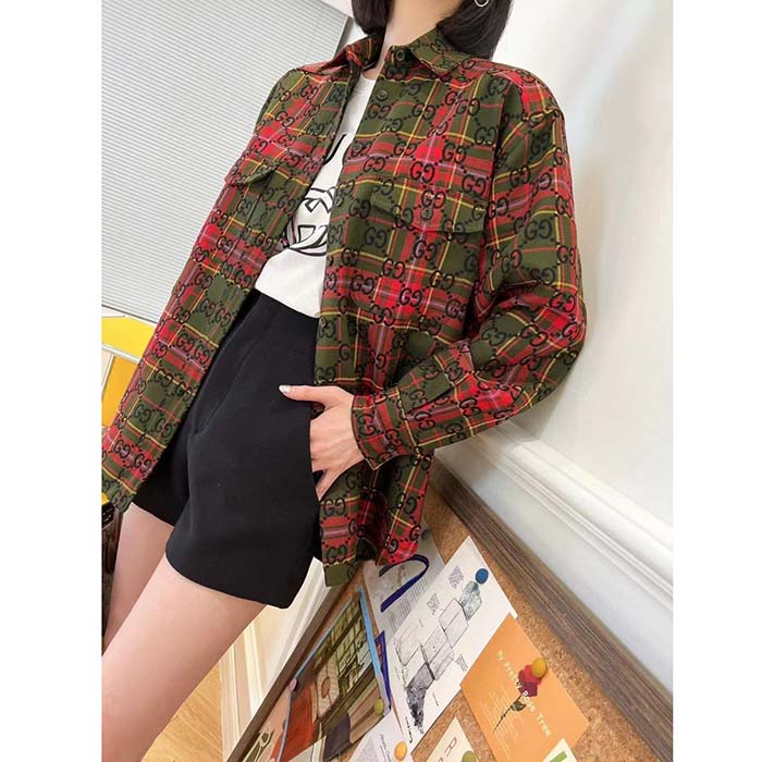 G*u*i women gg tartan wool shirt green red gg point collar long sleeves button cuffs