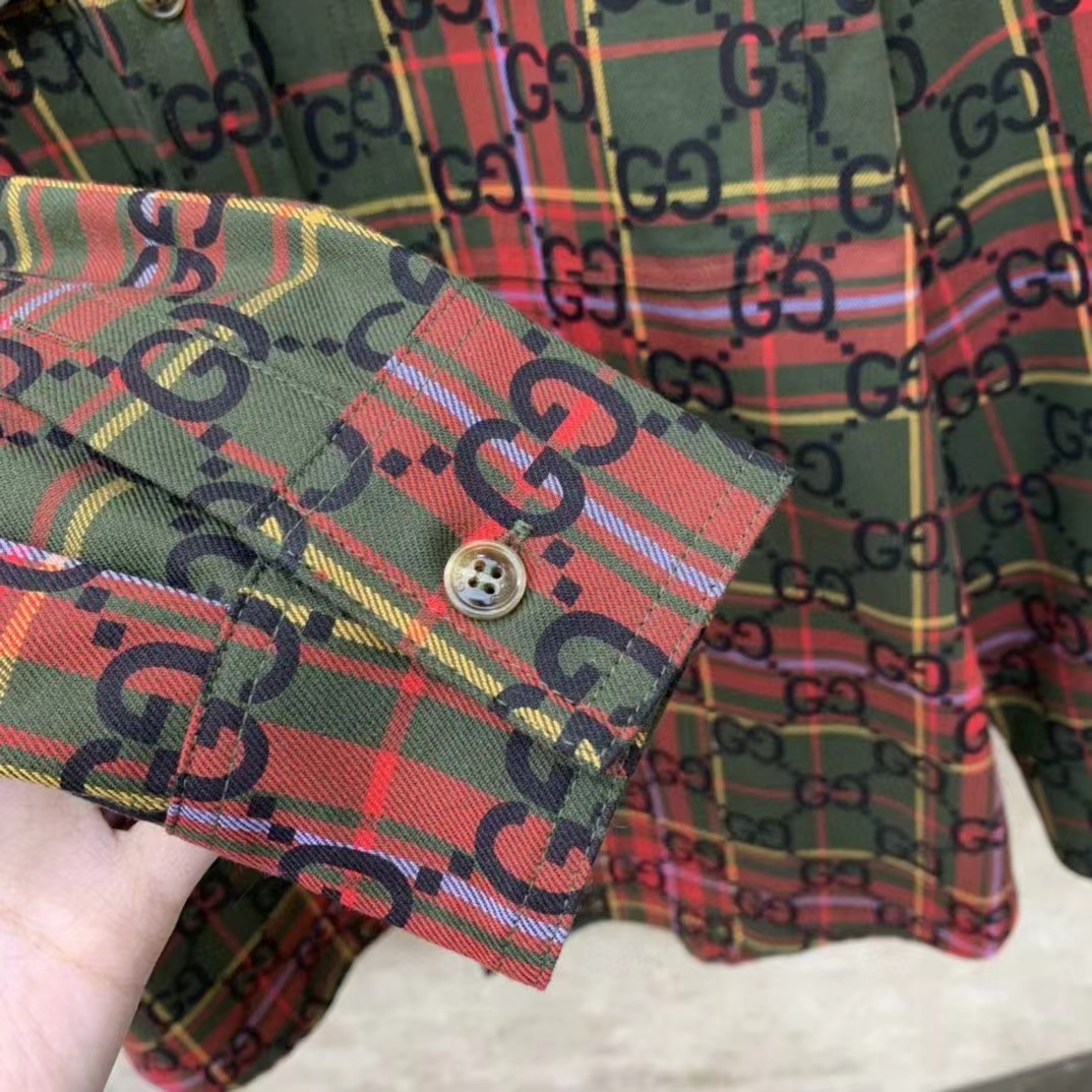 G*u*i women gg tartan wool shirt green red gg point collar long sleeves button cuffs