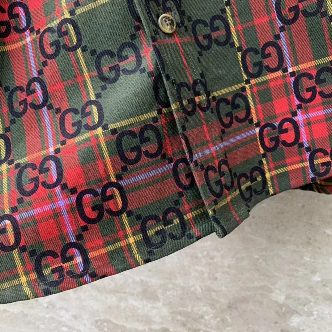 G*u*i women gg tartan wool shirt green red gg point collar long sleeves button cuffs