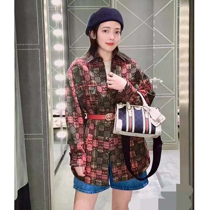 G*u*i women gg tartan wool shirt green red gg point collar long sleeves button cuffs