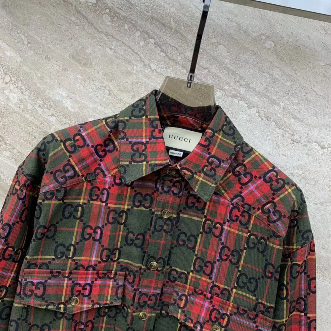 G*u*i women gg tartan wool shirt green red gg point collar long sleeves button cuffs
