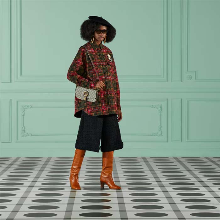 G*u*i women gg tartan wool shirt green red gg point collar long sleeves button cuffs