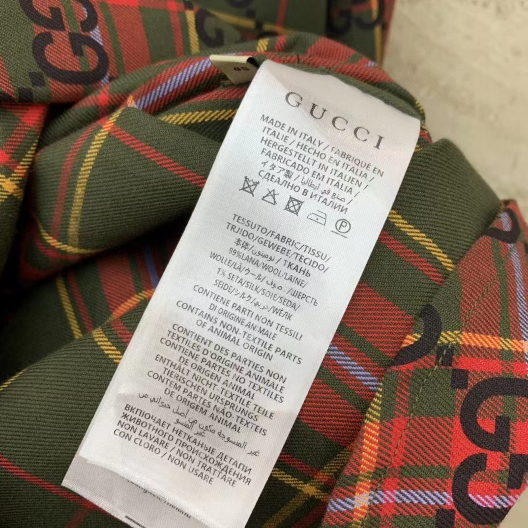 G*u*i women gg tartan wool shirt green red gg point collar long sleeves button cuffs