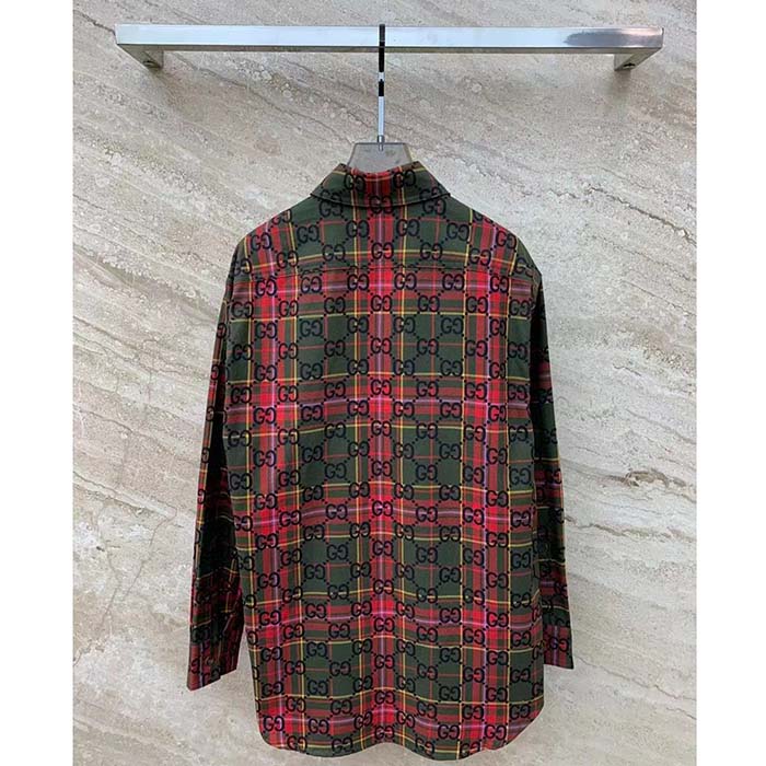 G*u*i women gg tartan wool shirt green red gg point collar long sleeves button cuffs