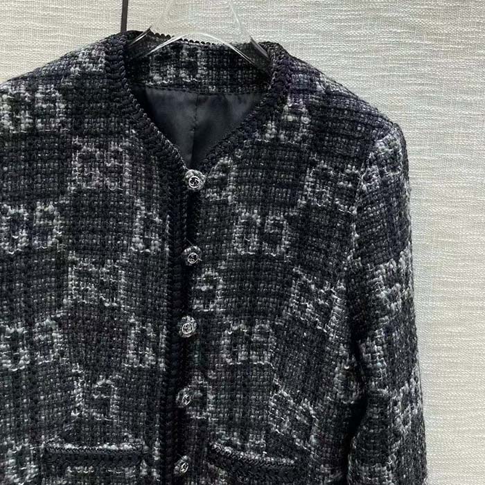 G*u*i women gg tweed jacket dark grey lined collarless two front pockets button closure style ‎761164 zapa4 1158