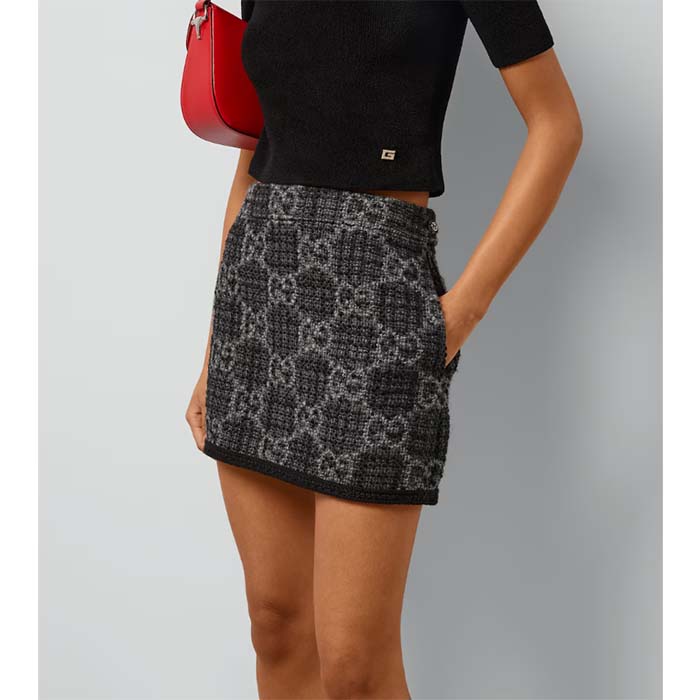 G*u*i women gg tweed skirt dark grey lined fitted waistband two side pockets mini length style ‎774516 zapa4 1074