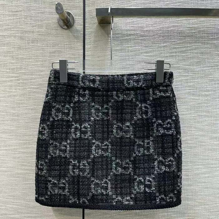 G*u*i women gg tweed skirt dark grey lined fitted waistband two side pockets mini length style ‎774516 zapa4 1074