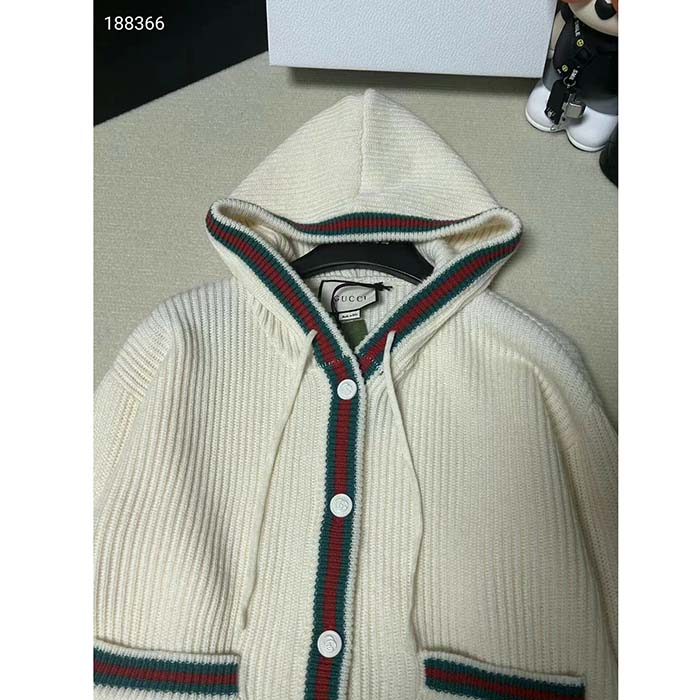 G*u*i men rib stitch wool cardigan web fixed hood drawstring dropped shoulder long sleeves