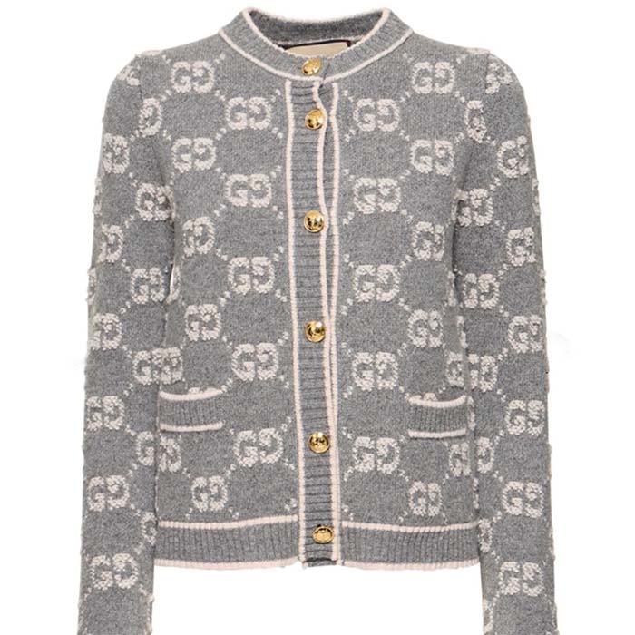 G*u*i women wool bouclé jacquard cardigan grey ivory gg crewneck long sleeves