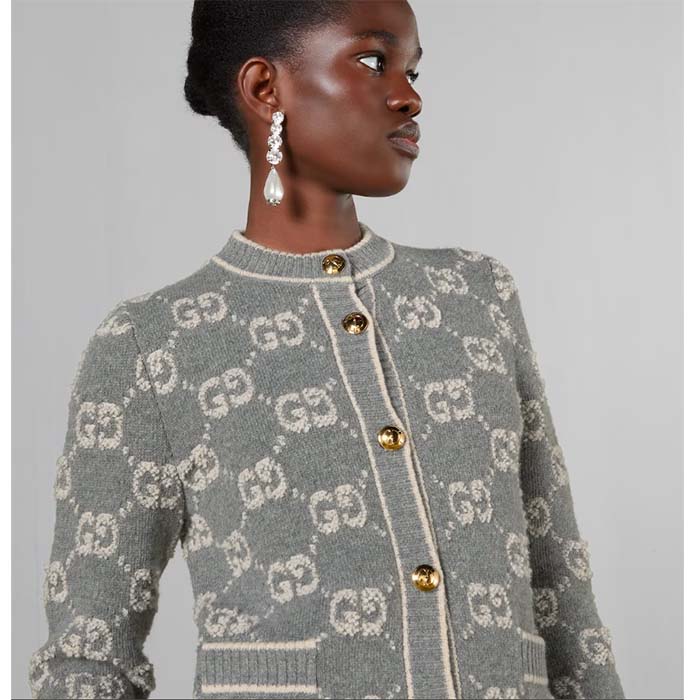 G*u*i women wool bouclé jacquard cardigan grey ivory gg crewneck long sleeves