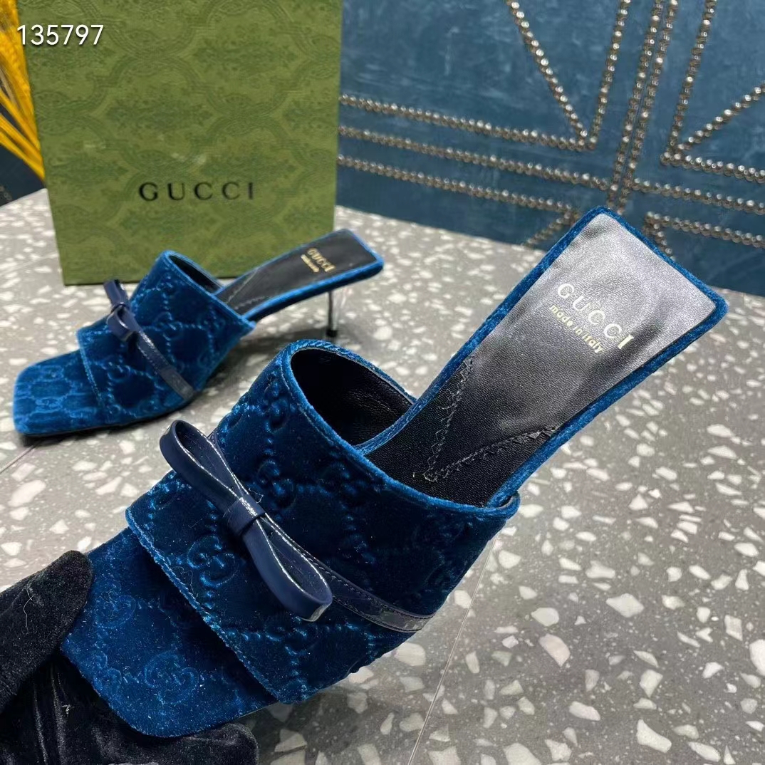 G*u*i women’s gg slide sandal blue gg velvet square toe low 4.3 cm heel