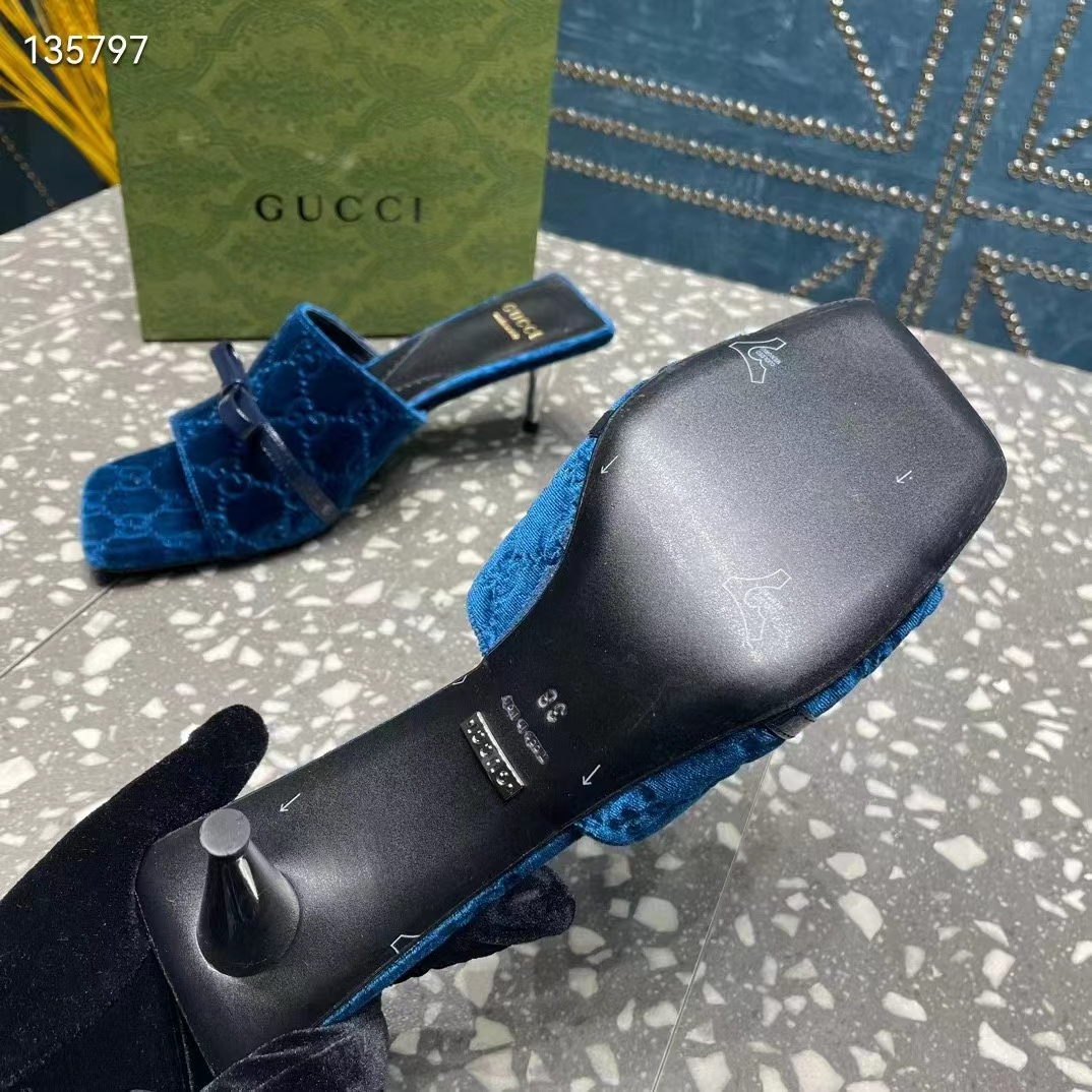 G*u*i women’s gg slide sandal blue gg velvet square toe low 4.3 cm heel