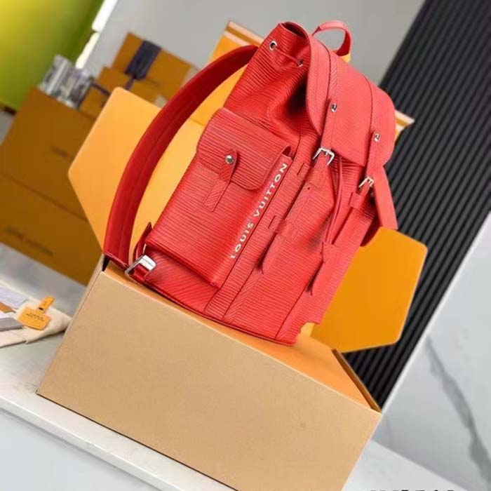 Louis Vuitton LV Unisex Christopher MM Backpack Vermillion Red Epi XL Grained Leather Cowhide