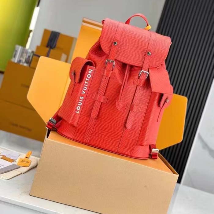 Louis Vuitton LV Unisex Christopher MM Backpack Vermillion Red Epi XL Grained Leather Cowhide