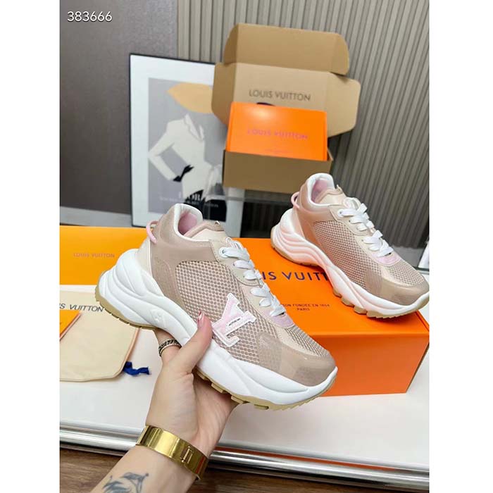 Louis Vuitton LV Unisex Run 55 Sneaker Beige Mix Materials Lifted Rubber Outsole