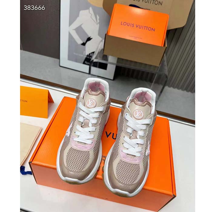 Louis Vuitton LV Unisex Run 55 Sneaker Beige Mix Materials Lifted Rubber Outsole