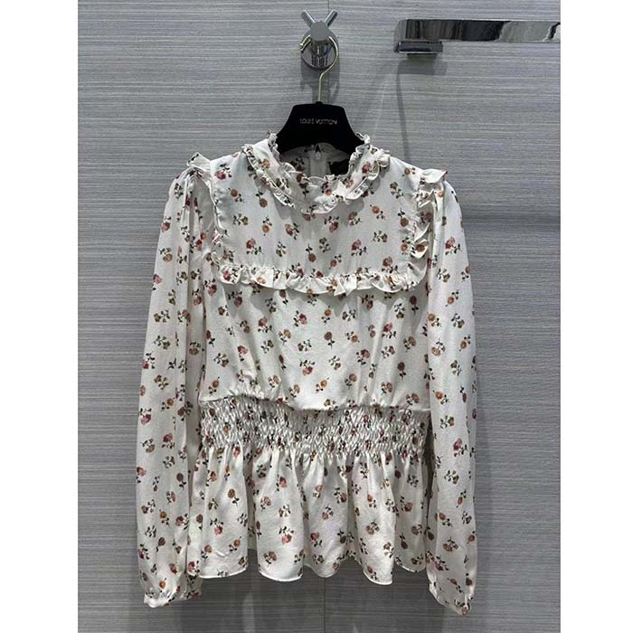 Louis Vuitton LV Women Floral Print Ruffle Collar Shirt Silk Milky White Regular Fit